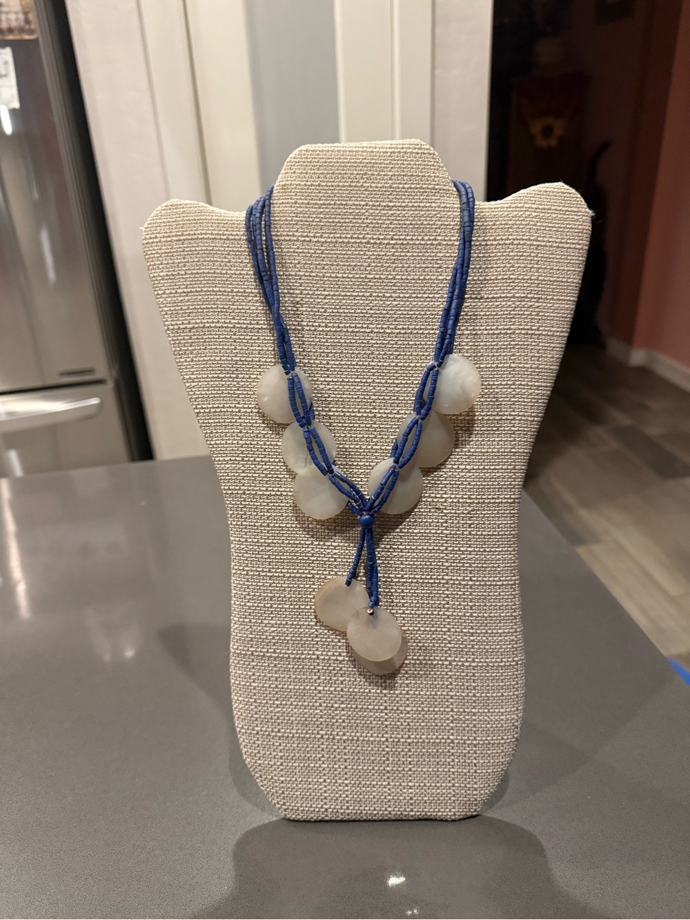 Blue Cord Necklace with Frosted White Disc Charms